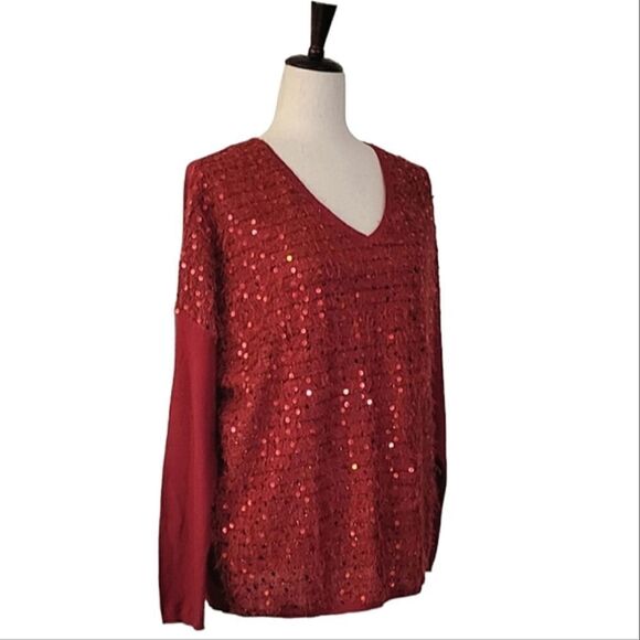 I Jeans By Buffalo Red Sequin Fuzzy V-neck Party Sweater Size L - Picture 1 of 7